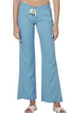 Roxy Linen Pants Womens Small Blue Oceanside Wide Leg Drawstring Beach Boho
